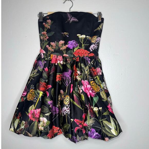 Alice + Olivia NWT Asha Bubble Hem Floral Strapless Mini Dress Black Size 0 - Picture 2 of 9